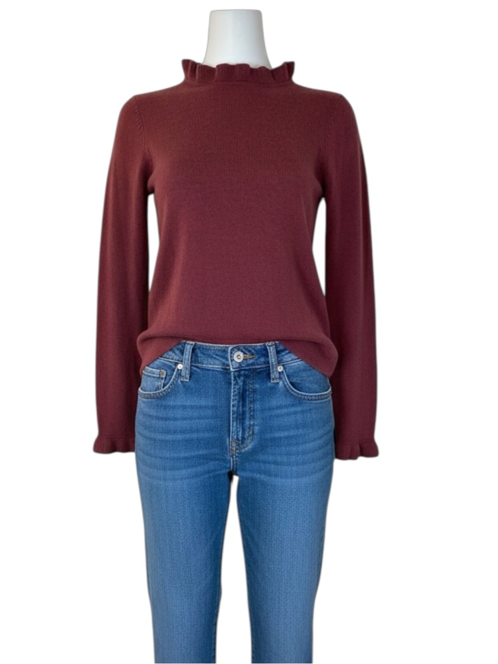 Margaret O'Leary 100% Cashmere Ruffle Mock Neck Sweater Rust Terracotta Size M